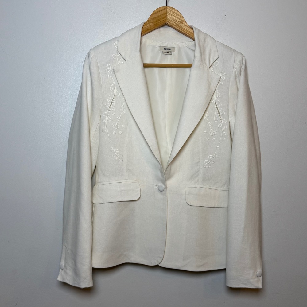 Jason Wu The Classics Embroidered Linen Blend Blazer Off-White Cream Size S EUC